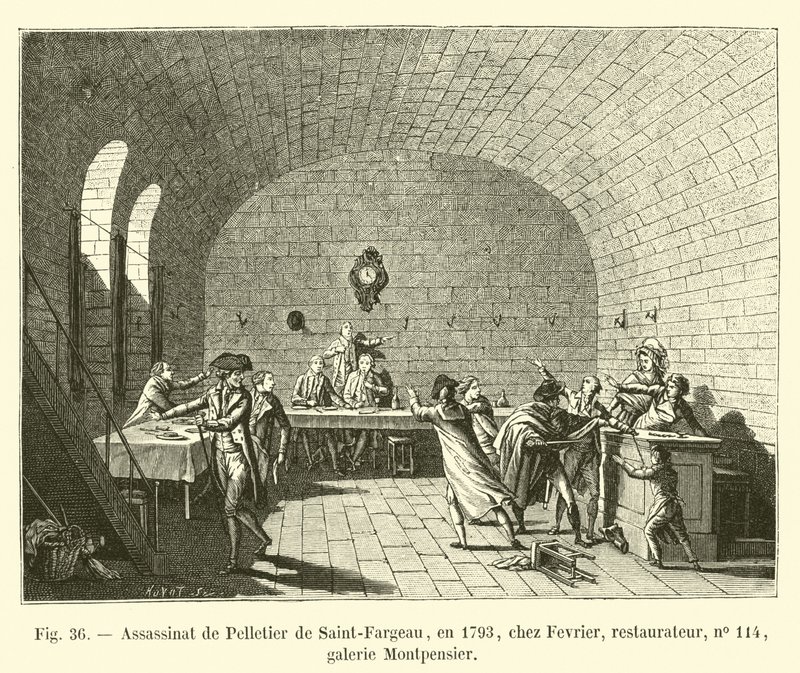 Assassinio di Pelletier de Saint-Fargeau, nel 1793, da Fevrier, ristoratore, n. 114, galleria Montpensier da French School