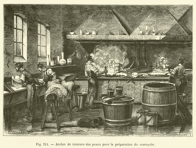 Officina di tintura delle pelli per la preparazione del marocchino da French School