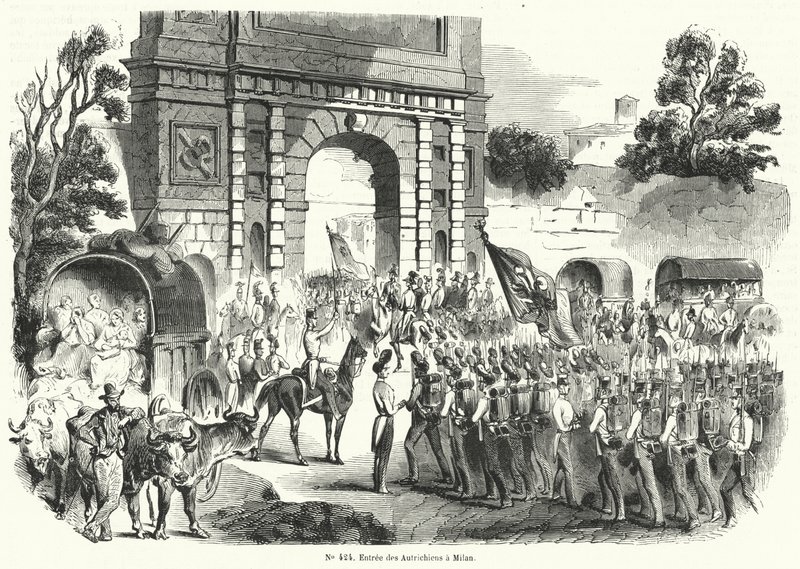 Truppe austriache che entrano a Milano, Italia, 6 agosto 1848 (incisione) da French School