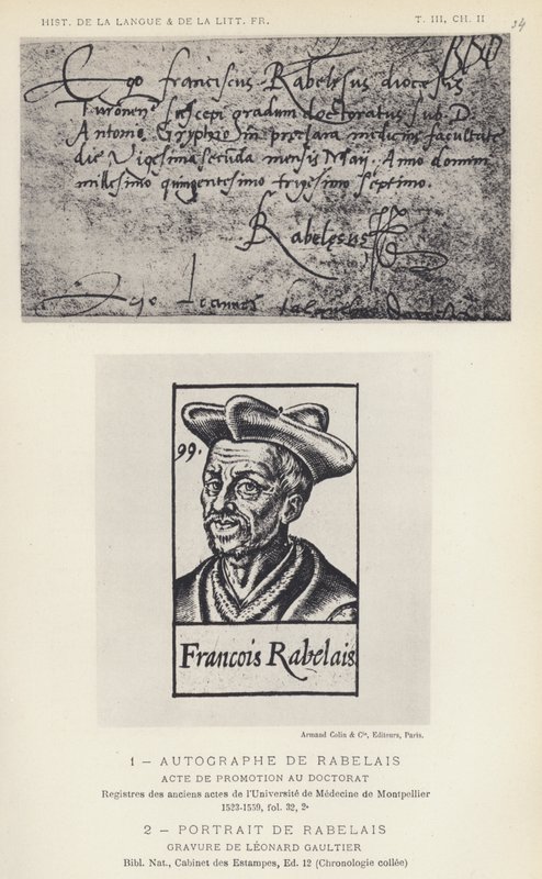 Autografo di Rabelais, ritratto di Rabelais da French School