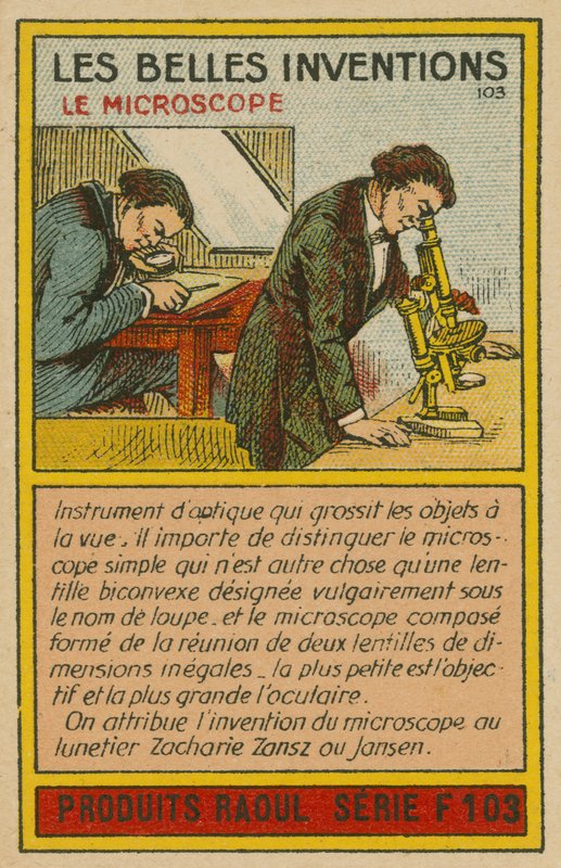 Carta delle belle invenzioni, microscopio da French School