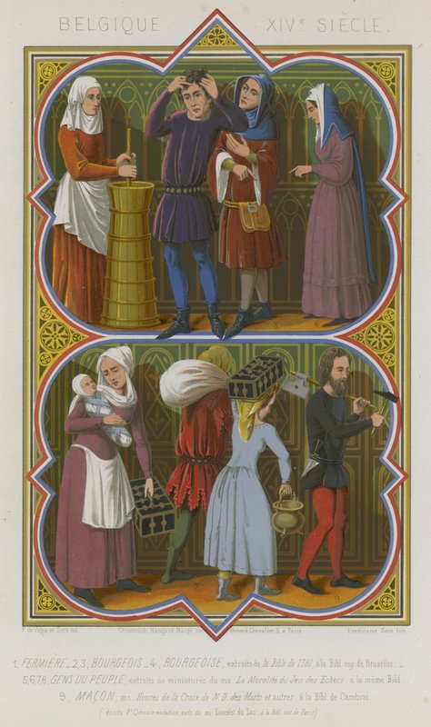 Rappresentazioni belghe del XIV secolo di contadini, borghesi, gente comune e un muratore da French School