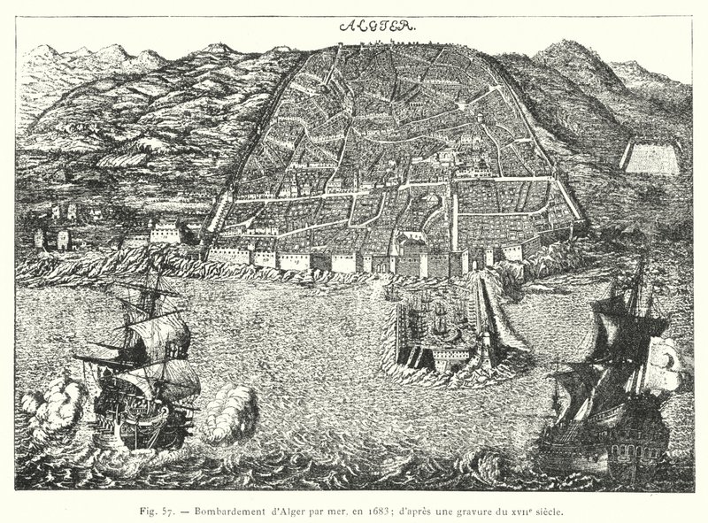 Bombardamento di Algeri dal mare, nel 1683; secondo un