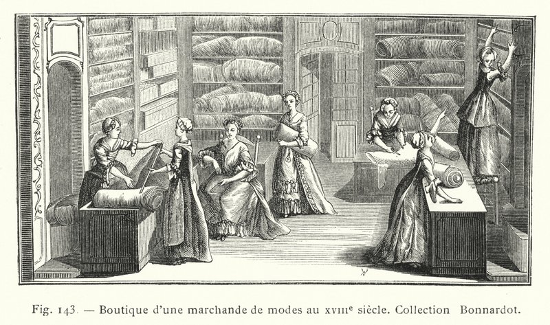Boutique di una modista nel XVIII secolo, Collezione Bonnardot (incisione) da French School