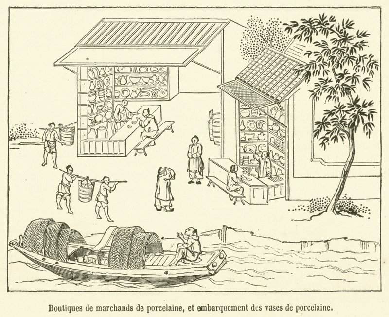 Botteghe di mercanti di porcellana, e imbarco dei vasi di porcellana da French School