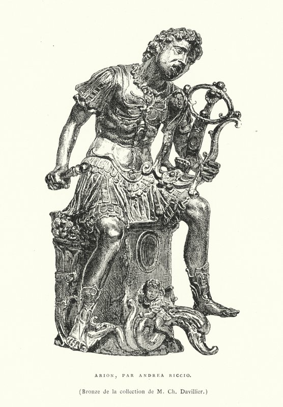 Figura in bronzo del poeta greco antico Arione, dello scultore rinascimentale italiano Andrea Riccio, fine XV o inizio XVI secolo (incisione) da French School
