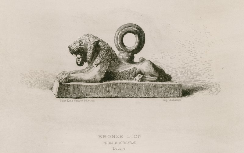 Leone di bronzo, da Khorsabad, Louvre (incisione) da French School
