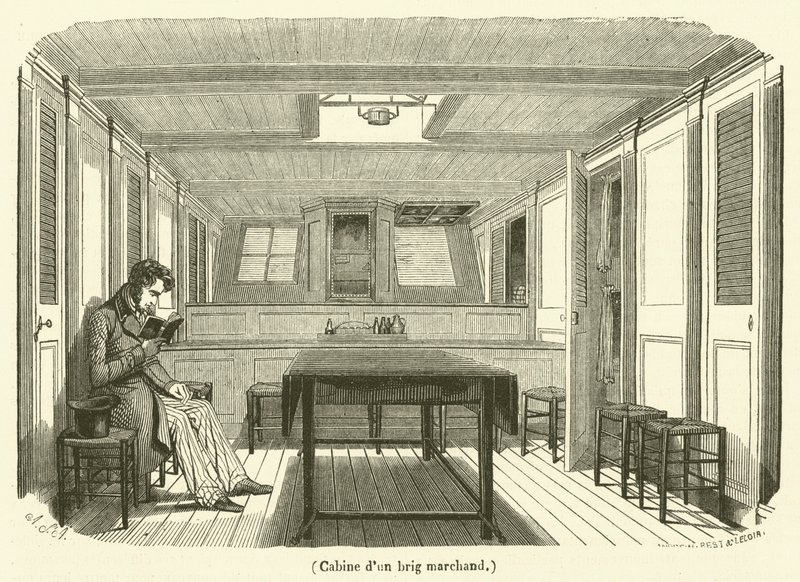 Cabina di un brigantino mercantile (incisione) da French School