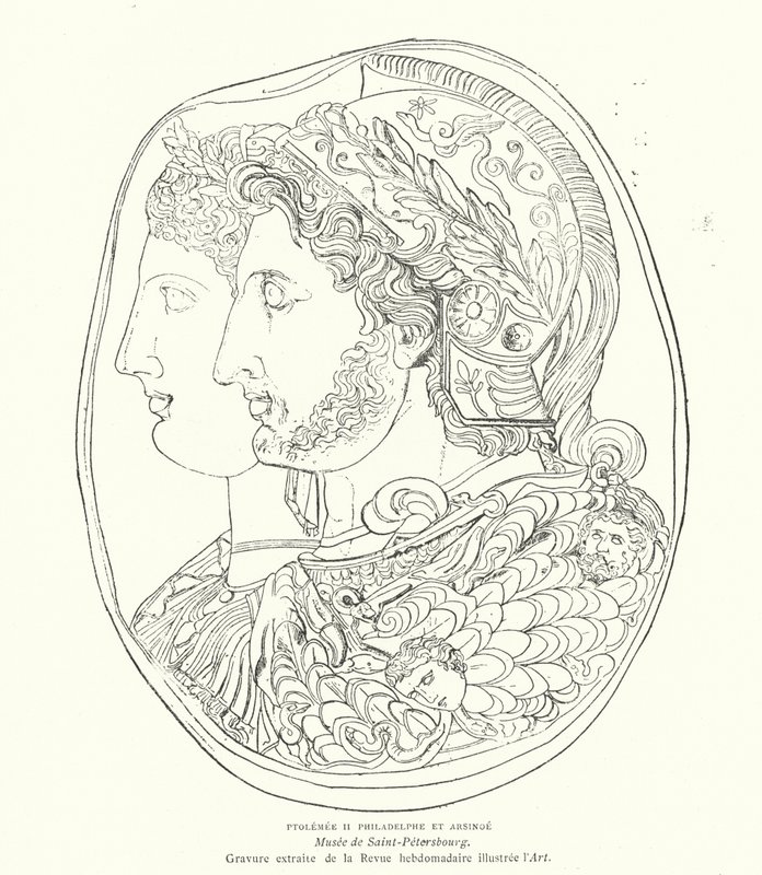 Cammeo del faraone egiziano Tolomeo Filadelfo e sua moglie Arsinoe, III secolo a.C. (incisione) da French School