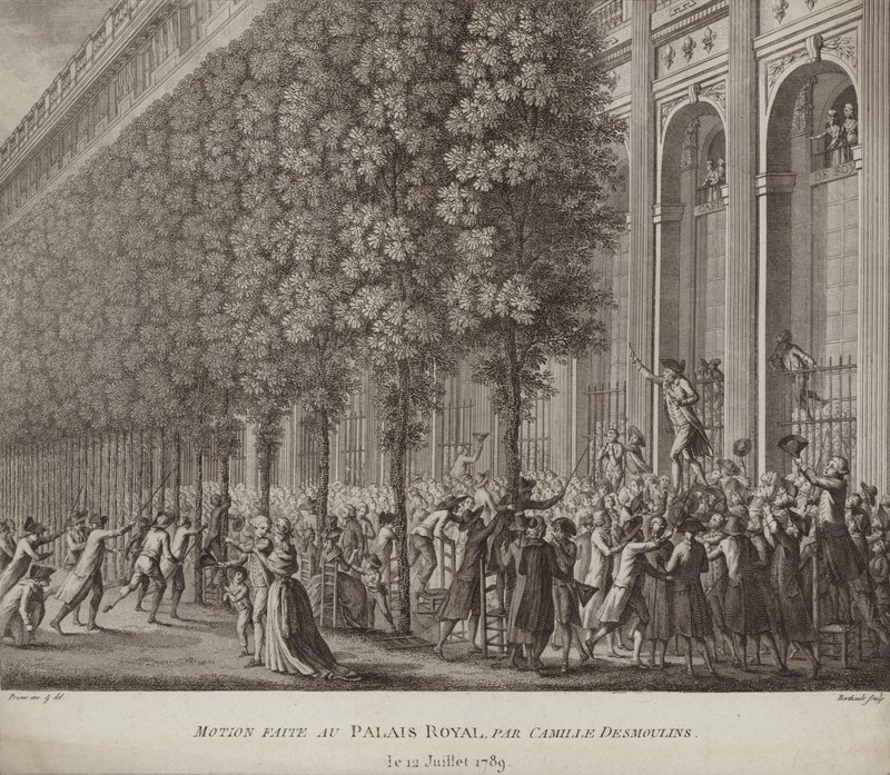 Camille Desmoulins che lancia un appello alle armi al popolo al Palais Royal, Parigi da French School