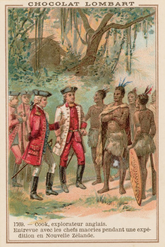 Il capitano James Cook incontra i capi Maori in Nuova Zelanda, 1769 da French School