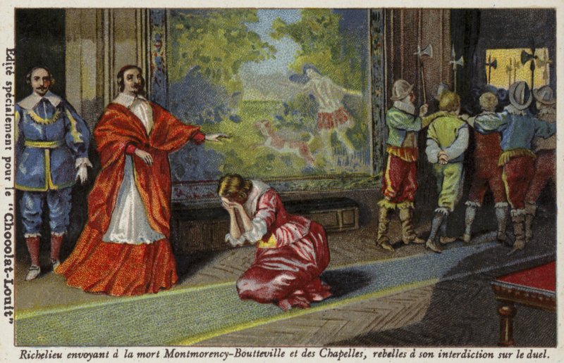Il cardinale Richelieu manda François de Montmorency-Bouteville e il conte di Chapelles a essere giustiziati per aver sfidato il suo divieto di duello, 1627 da French School