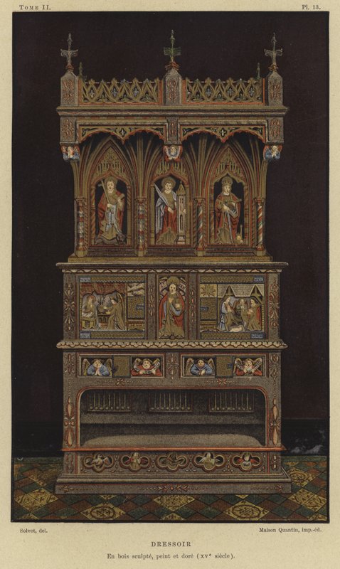 Credenza in legno intagliato, dipinto e dorato, XV secolo da French School