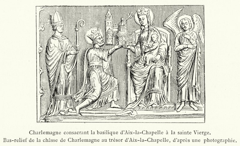 Carlo Magno consacra la basilica di Aquisgrana alla Santa Vergine, Bassorilievo della caccia di Carlo Magno al tesoro di Aquisgrana (incisione) da French School