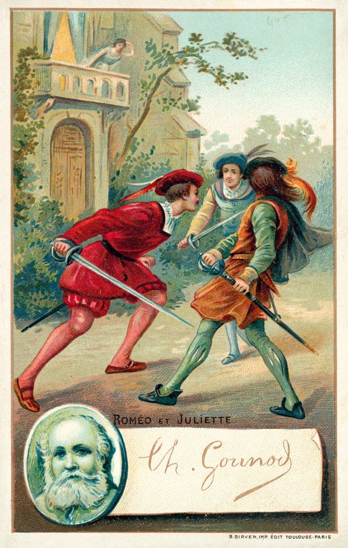 Charles Gounod, compositore francese, e una scena dalla sua opera Romeo e Giulietta da French School