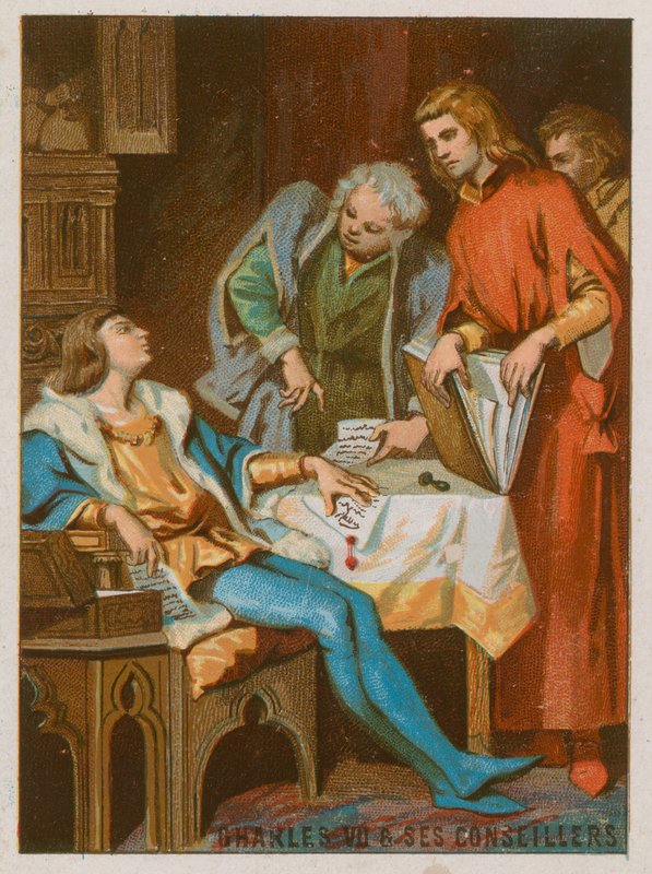 Carlo VII con i suoi consiglieri da French School
