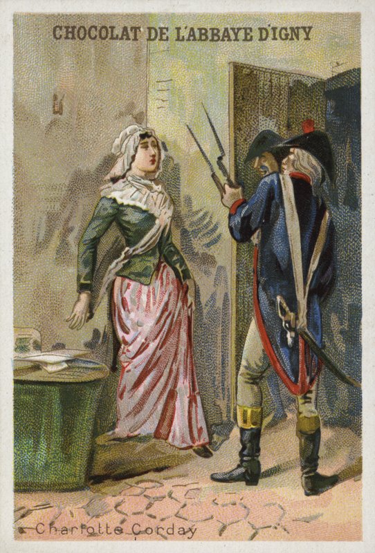 Charlotte Corday, assassina del leader giacobino rivoluzionario francese Jean-Paul Marat da French School