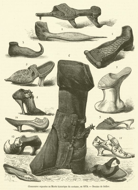 Scarpe esposte al Museo storico del costume, nel 1874 da French School
