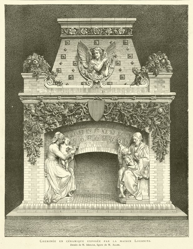 Camino in ceramica esposto dalla casa Loebnitz, Disegno di M Sedille, figura di M Aller da French School
