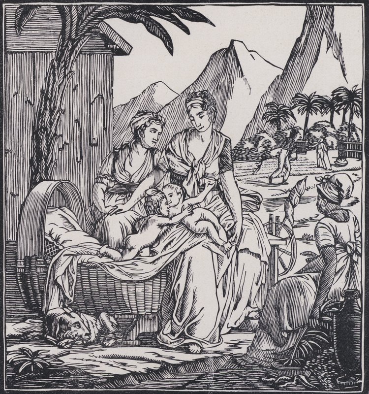 Infanzia di Paul e Virginie, scena del romanzo Paul et Virginie dello scrittore francese Jacques-Henri Bernardin de Saint-Pierre (litografia) da French School