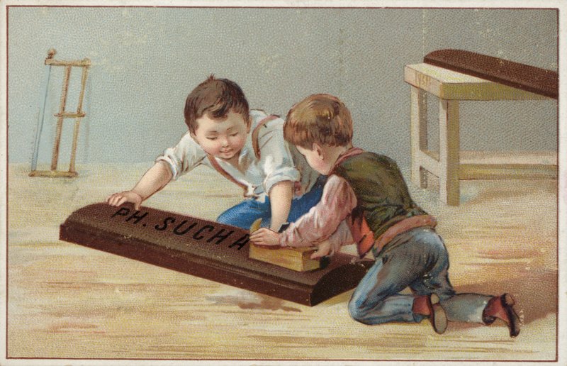 Bambini che costruiscono una grande barretta di cioccolato, pubblicità del cioccolato Suchard da French School