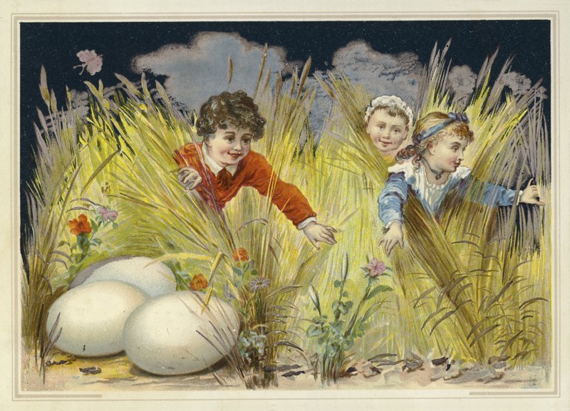Bambini che cercano enormi uova di Pasqua da French School