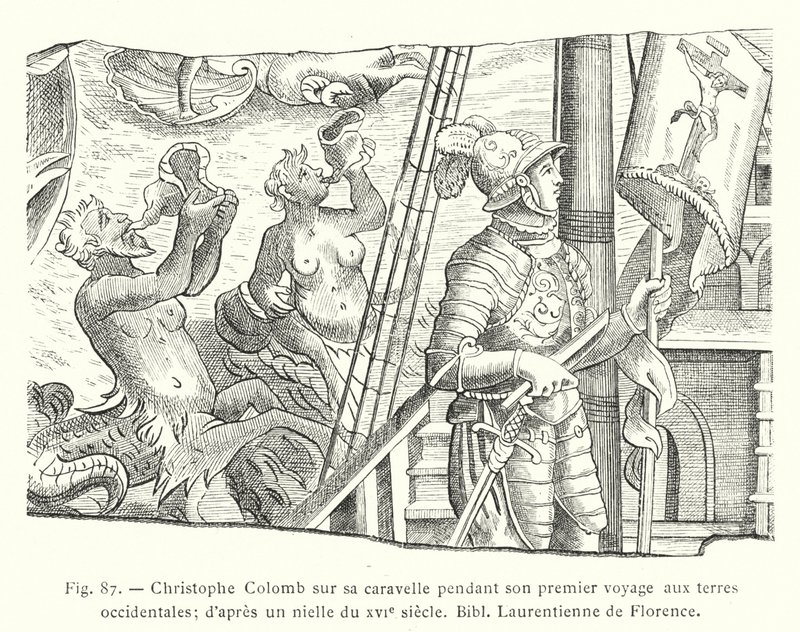Cristoforo Colombo sulla sua caravella durante il suo primo viaggio verso le terre occidentali; secondo un niello del XVI secolo, Biblioteca Laurenziana di Firenze da French School