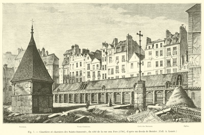 Cimitero e ossari dei Santi Innocenti, dal lato della via aux Fers, 1780, secondo un disegno di Bernier, Coll A Lenoir da French School