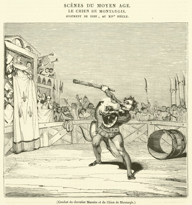 Combattimento del cavaliere Macaire e del Cane di Montargis (incisione) da French School