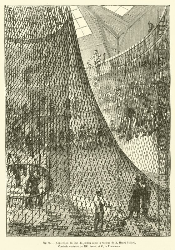 Fabbricazione della rete del pallone aerostatico a vapore di M Henri Giffard, Corderia centrale di MM Fretet e Ce, a Vincennes da French School
