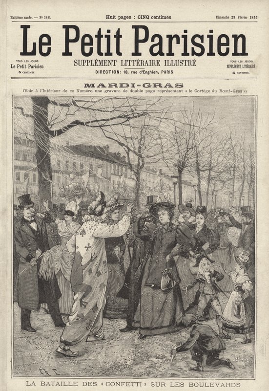 Battaglia di coriandoli sui boulevard di Parigi a Mardi Gras da French School