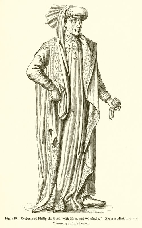 Costume di Filippo il Buono, con cappuccio e coccarda da French School