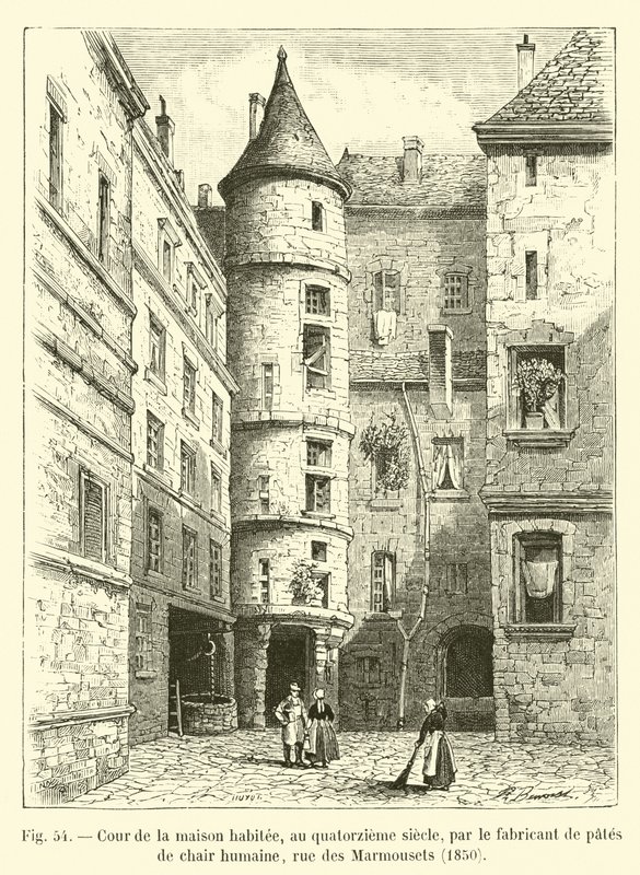 Corte della casa abitata, nel quattordicesimo secolo, dal fabbricante di paste di carne umana, rue des Marmousets, 1850 da French School
