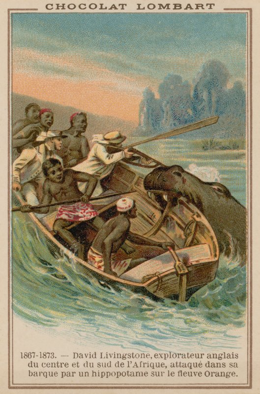 La barca di David Livingstone attaccata da un ippopotamo sul fiume Orange, Africa, 1867-1873 da French School