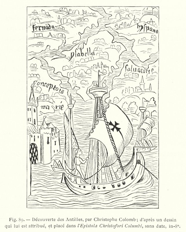 Scoperta delle Antille, da Cristoforo Colombo; da un disegno che gli è attribuito, e posto nell