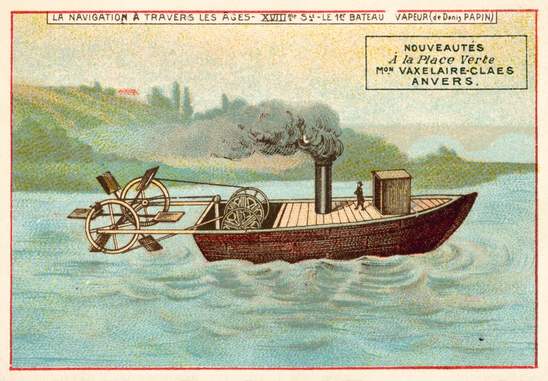 La prima barca a vapore di Denis Papin da French School