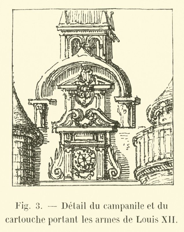 Dettaglio del campanile e del cartiglio con le armi di Luigi XII da French School