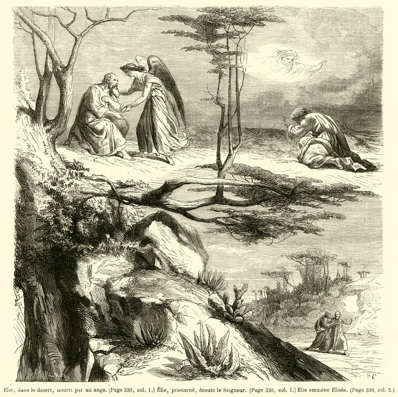 Elia nel deserto, nutrito da un angelo, Elia prostrato ascolta il Signore, Elia porta via Eliseo da French School