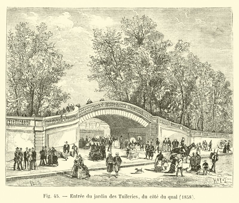 Ingresso del giardino delle Tuileries, lato del quai, 1858 da French School