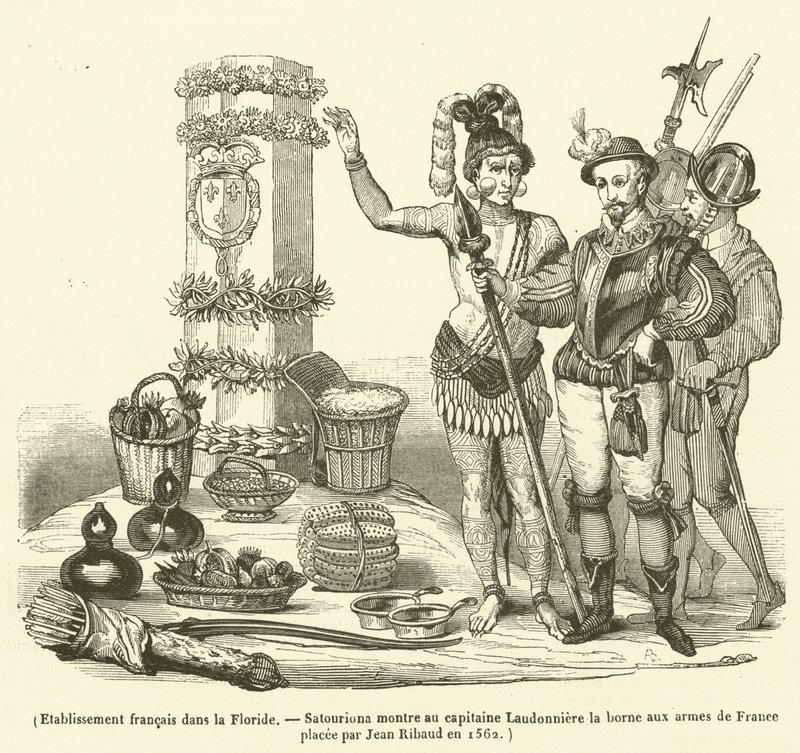 Insediamento francese in Florida, Satouriona mostra al capitano Laudonniere il segno con le armi di Francia posto da Jean Ribaud nel 1562 (incisione) da French School