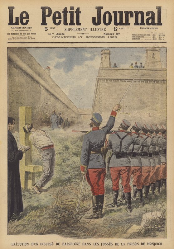 Esecuzione di un partecipante alle rivolte di Barcellona nel luglio 1909 nella prigione di Monjuich da French School