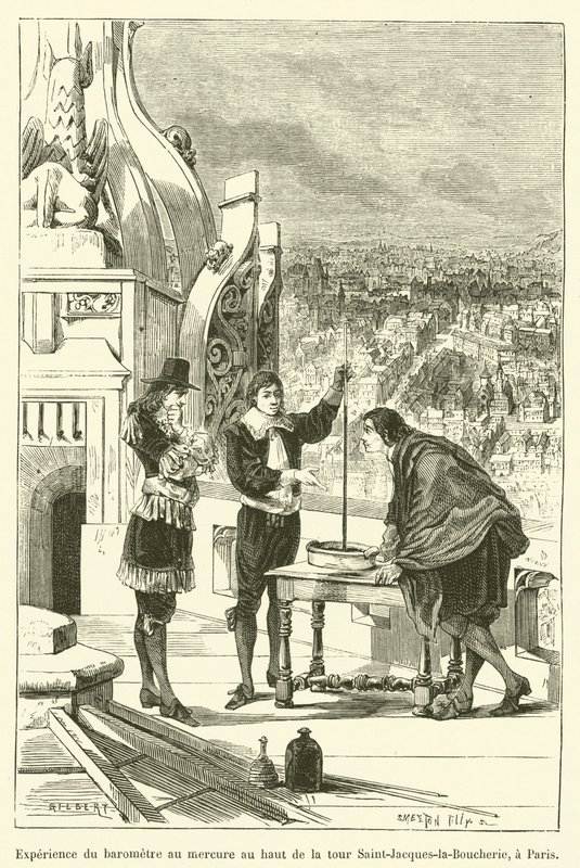 Esperimento del barometro a mercurio in cima alla torre Saint-Jacques-la-Boucherie, a Parigi da French School