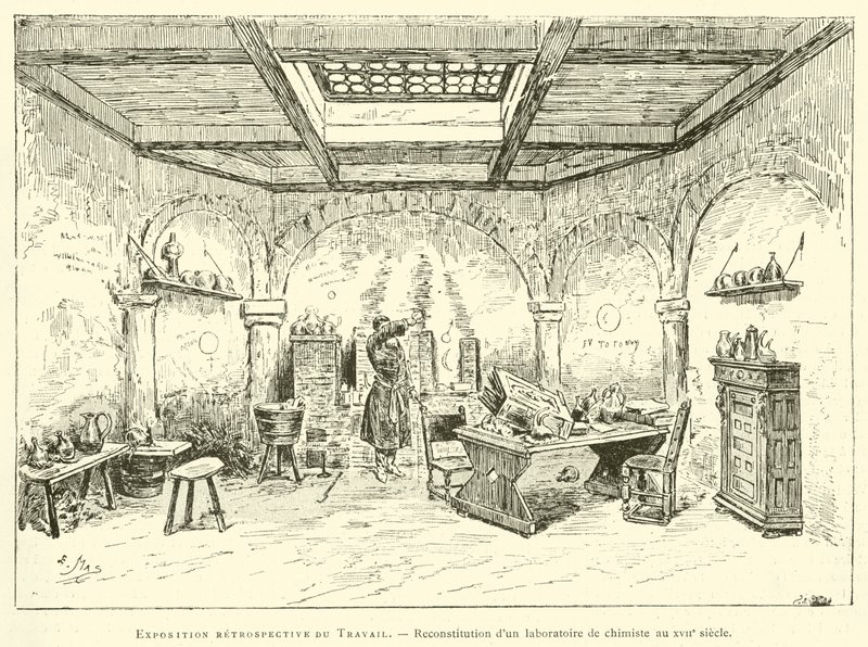 Esposizione retrospettiva del lavoro, ricostruzione di un laboratorio di chimica del XVII secolo da French School
