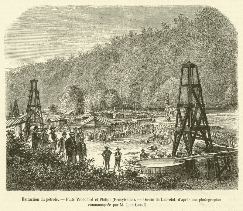 Estrazione del petrolio, Pozzi Woodford e Philipp, Pennsylvania (incisione) da French School