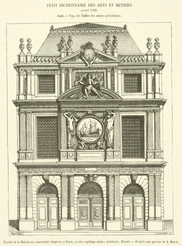 Facciata della Casa dei mercanti drappieri, a Parigi, nel diciassettesimo secolo da French School