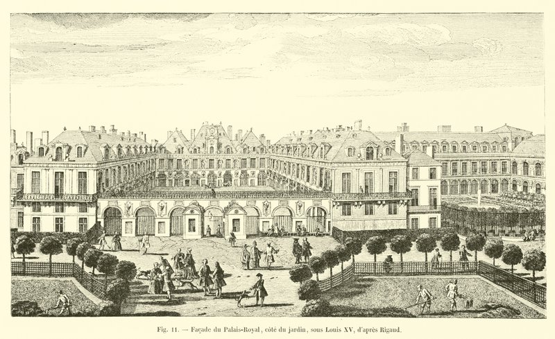 Facciata del Palais-Royal, lato giardino, sotto Luigi XV, secondo Rigaud da French School