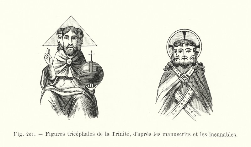 Figure tricefale della Trinità, dai manoscritti e dagli incunaboli (incisione) da French School