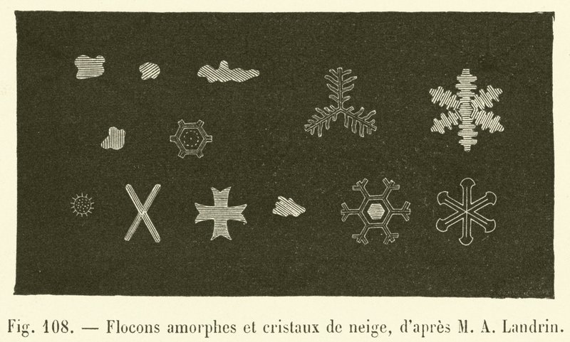 Fiocchi amorfi e cristalli di neve da French School