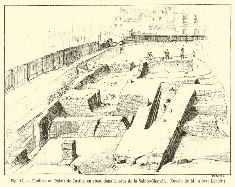 Scavi al Palazzo di Giustizia nel 1848, nel cortile della Sainte-Chapelle da French School