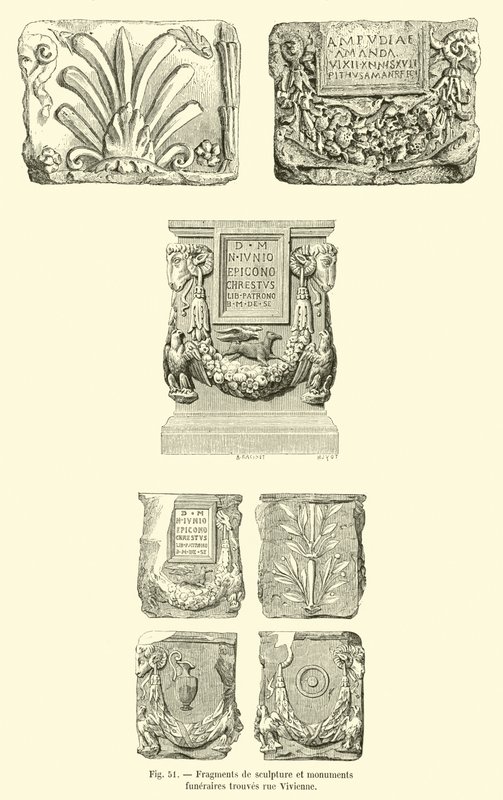 Frammenti di scultura e monumenti funerari rinvenuti in rue Vivienne (incisione) da French School
